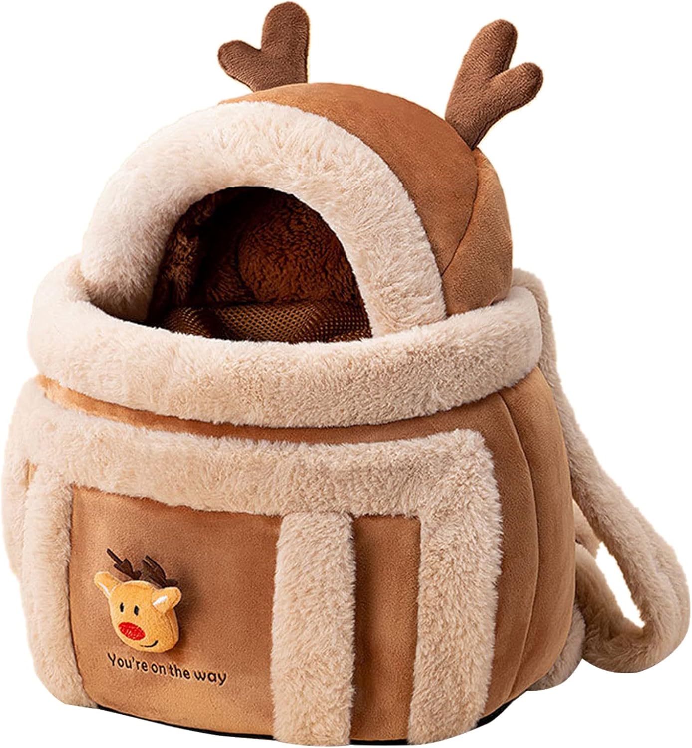 Winter Plush Pet Backpack Carrier – Reindeer Dog & Cat Travel Bag